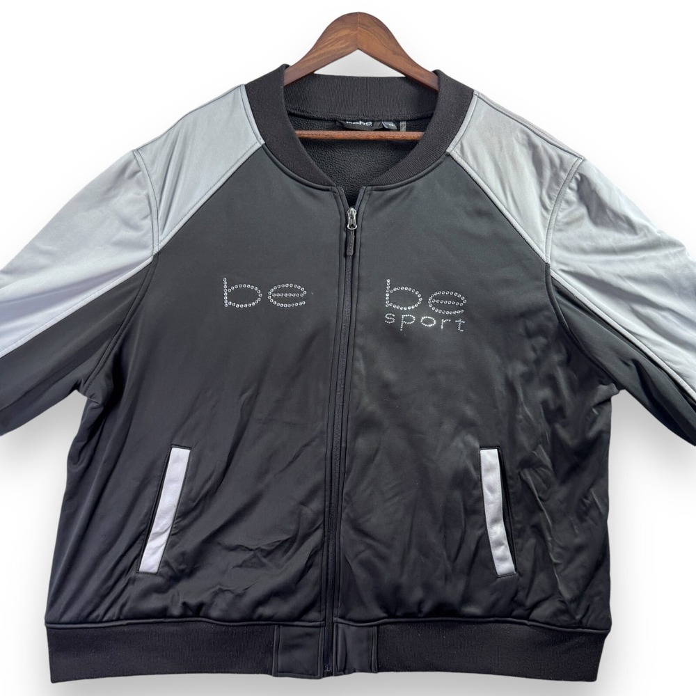 Bebe Sport Women Black Gray Varsity Bomber Jacket Rhinestone Logo 3XL Full Zip